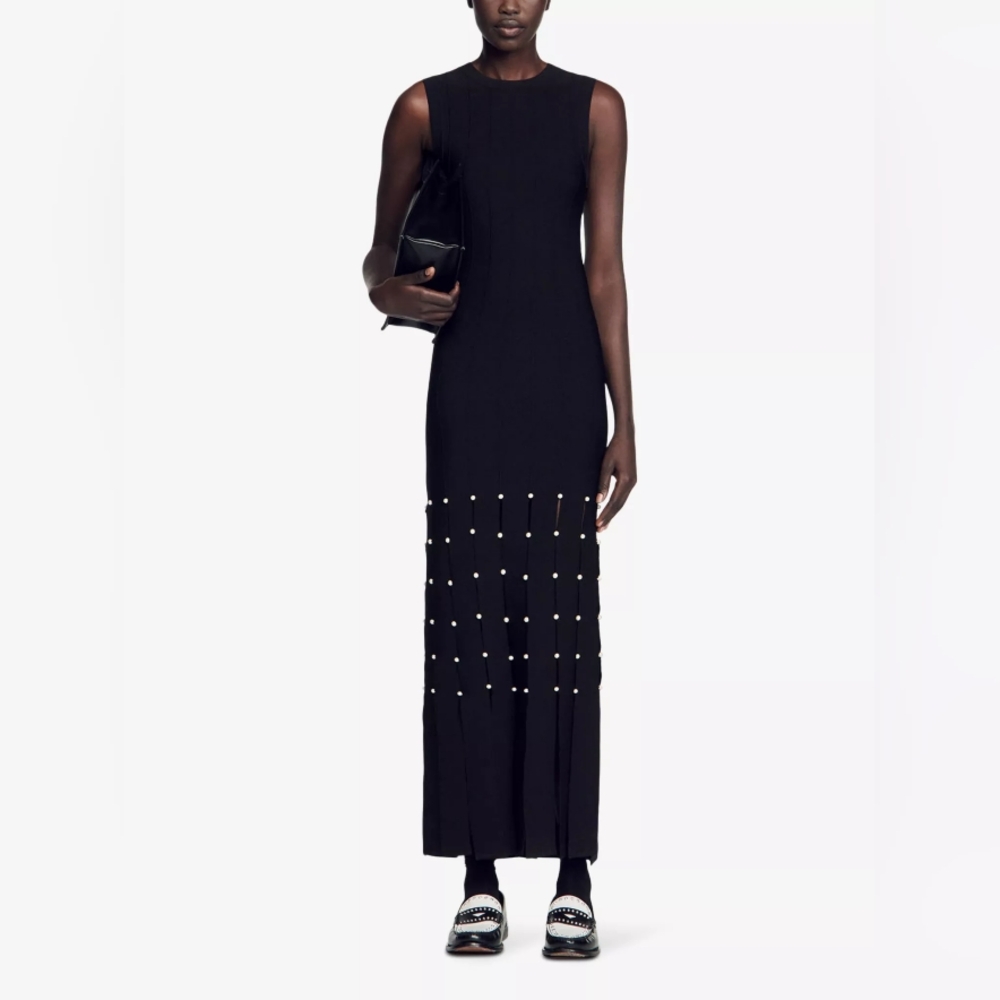 SANDROFringe studded stretch-knit maxi dress